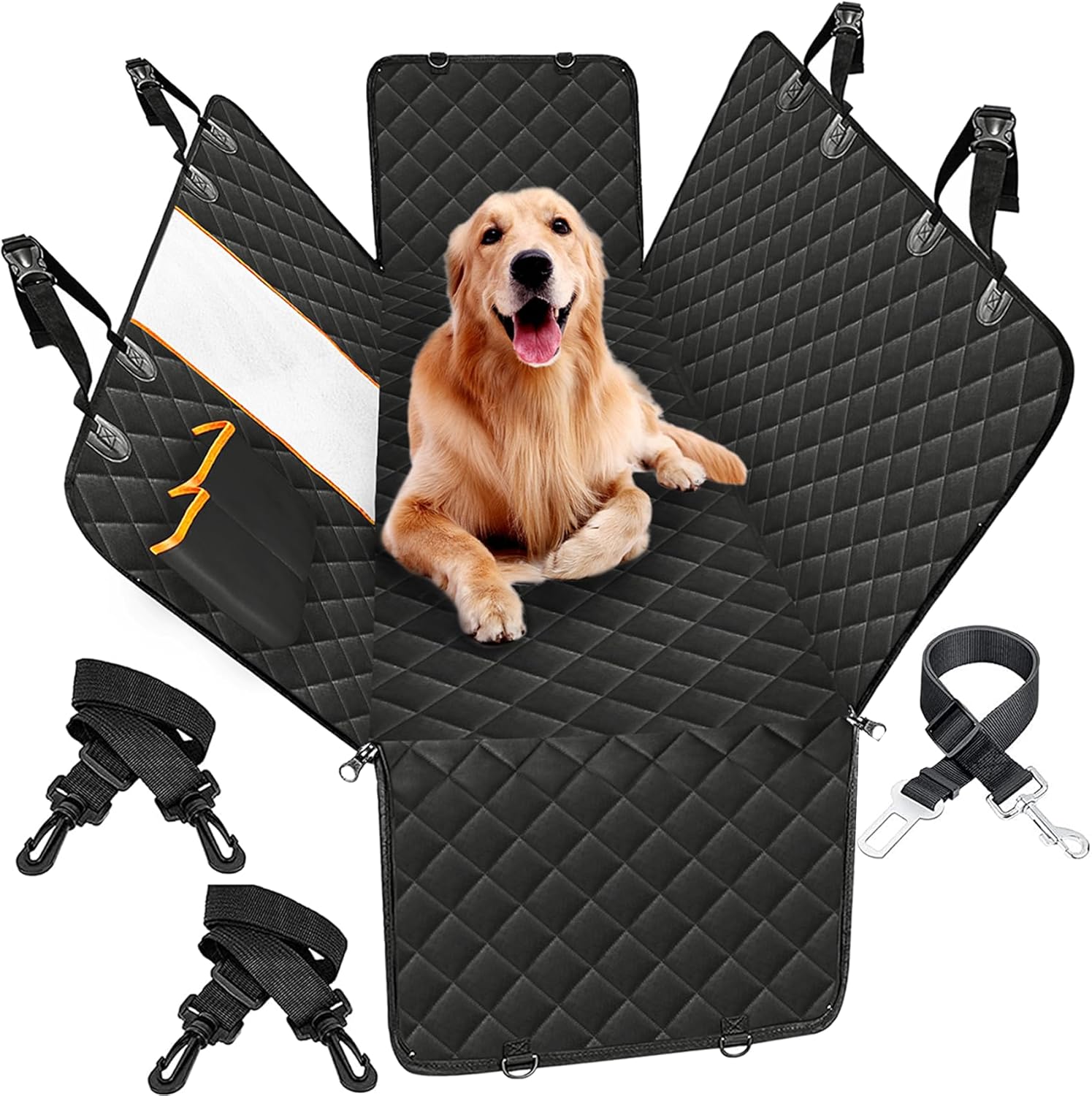 Black quilted car seat cover with a dog sitting on it, featuring straps and a visible brand logo.