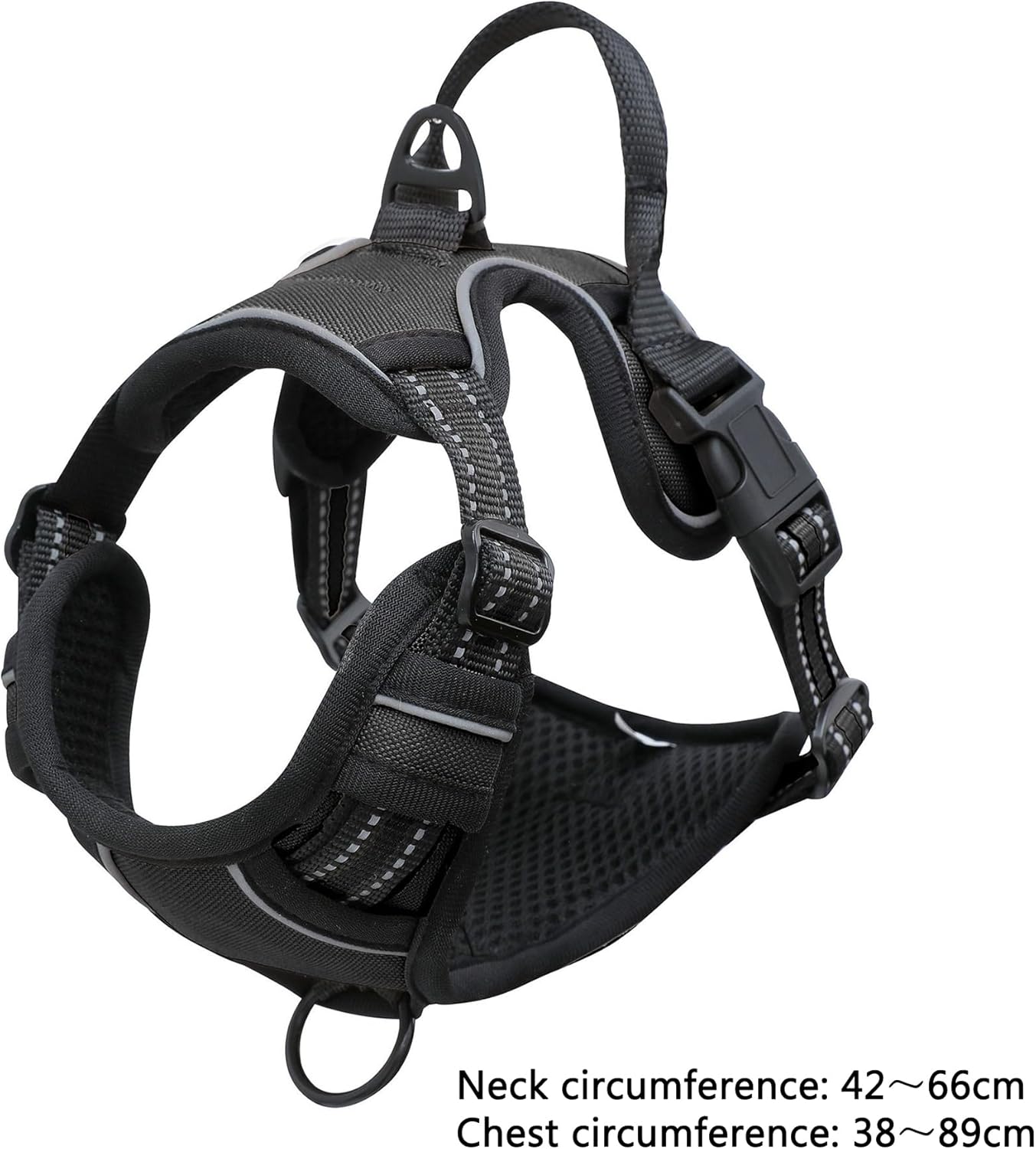 Black dog harness with measurement details on a white background
